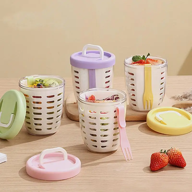 Reusable Double Layer Drain Salad Cup Portable with Detachable Fruit Fork for Outdoor Picnic Office Daily Lunch Use