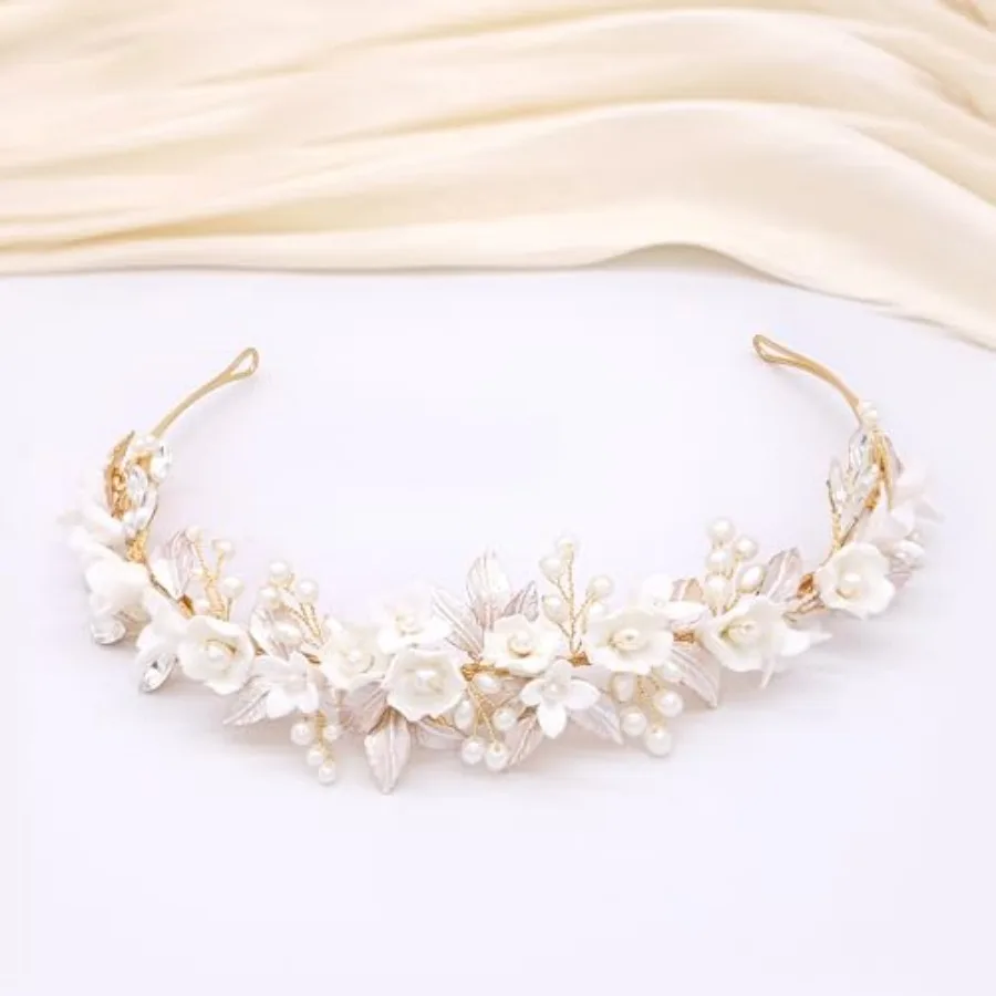 

Oriamour Gold Bridal Headbands Wedding Headpieces With Ceramic Flowers Wide Pearl Wedding Hair Accessories For Women And Girls
