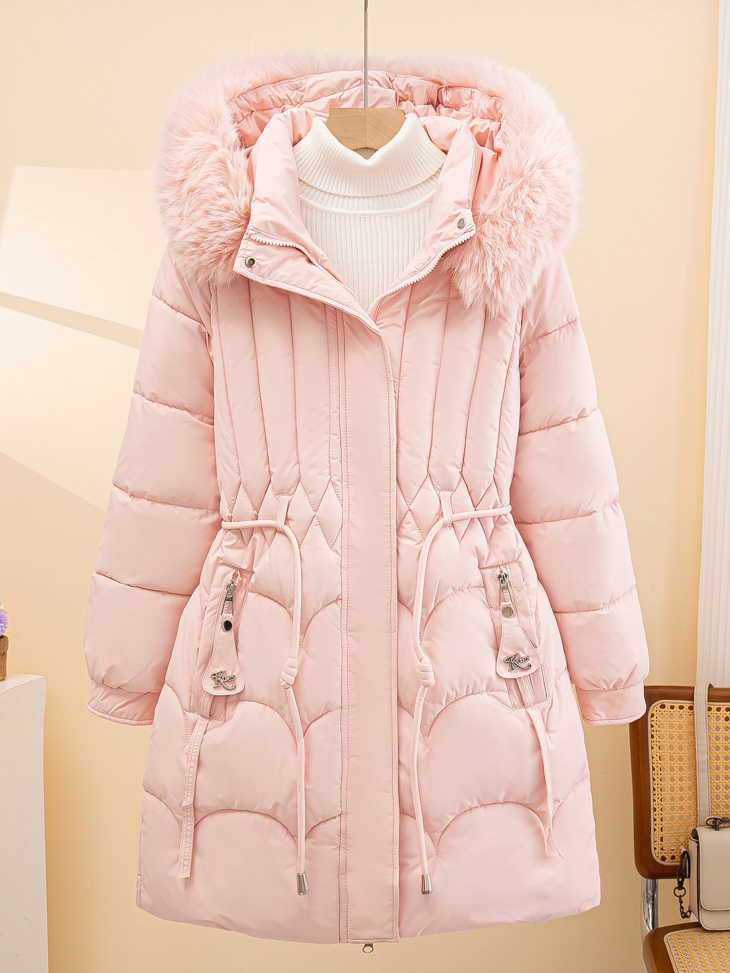 

Women's Mid-Length down Cotton Jaet 2025 New Winter Thi Outerwear with Big Fur Collar Waist-Cinching Korean Sle