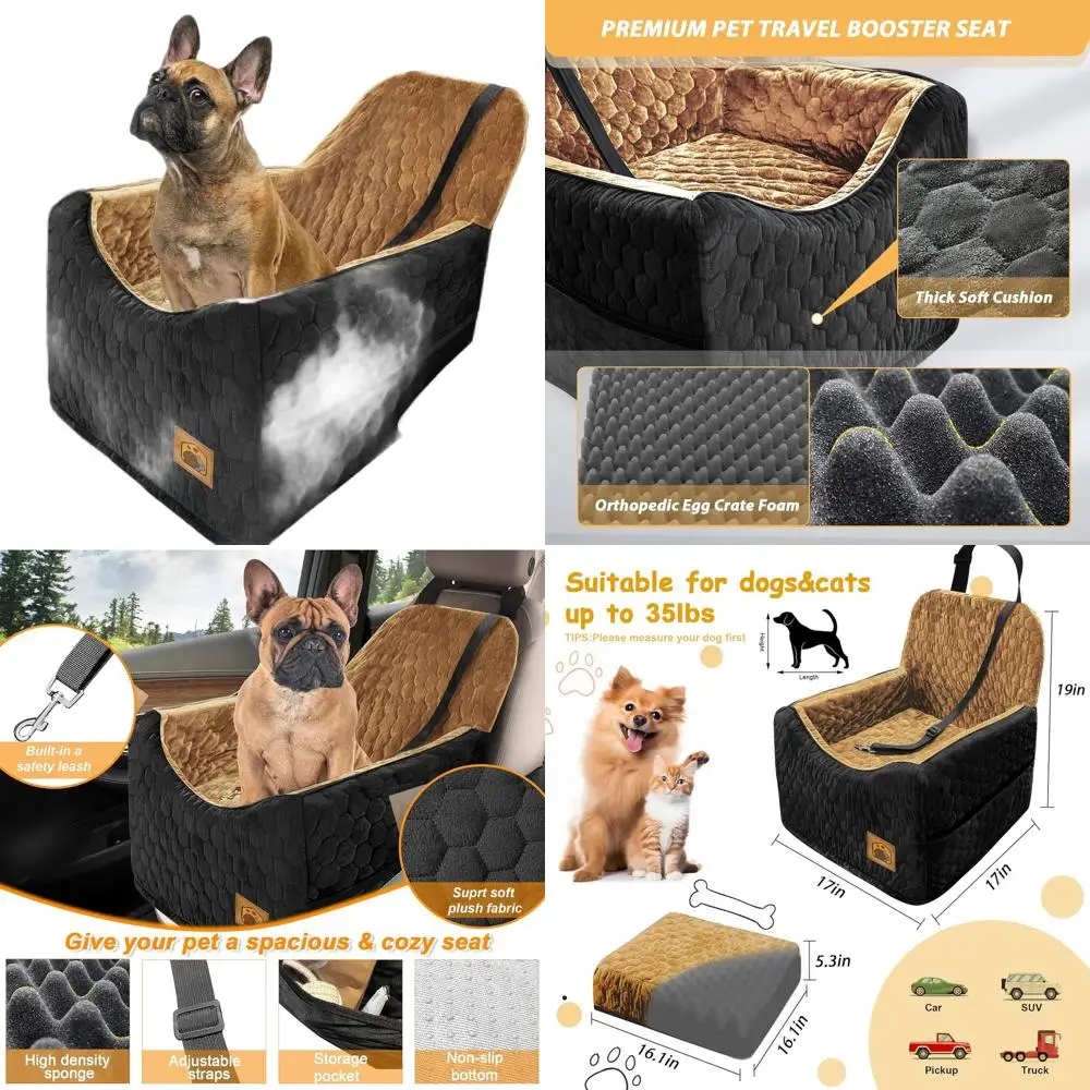 

Портативное автокресло для животных с пеной с эффектом памяти, моющимся чехлом и карманами для хранения, для собак весом до 35 фунтов (черный/коричневый)