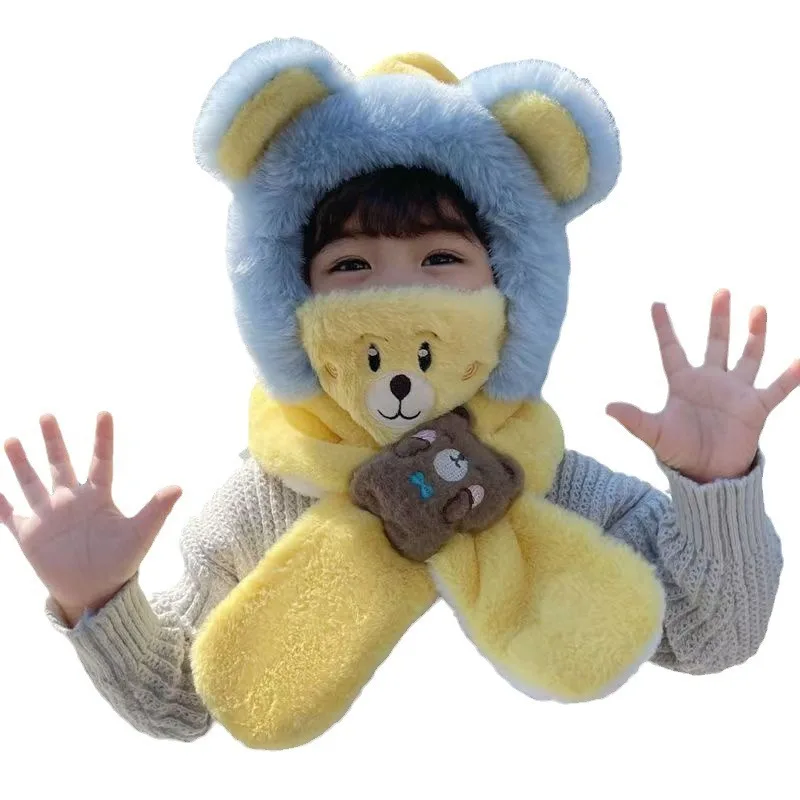 Children's Winter Hat Scarf Boys Girls' Velvet Hat Windproof Cold Ear Protection Mask Detachable 3-piece Set 4m831 5