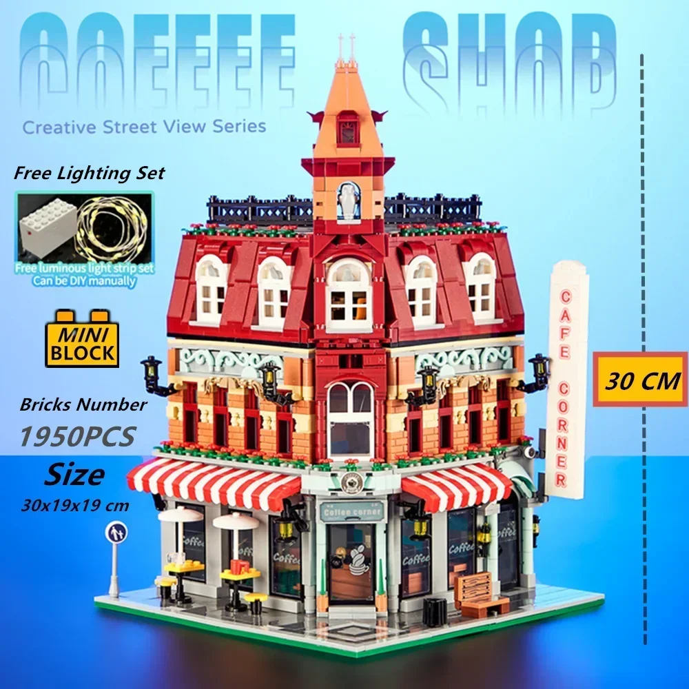 1950PCS Lighting Cafe Corner Street House Modular City Streetview with LED Set Model Buildings Mini-Micro-Block Bricks Gift