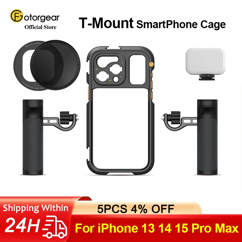 Fotorgear Phone Video Cage T Mount with handle kit 67mm Adapter Ring For iPhone 13 14 15 Pro Max Phone Case