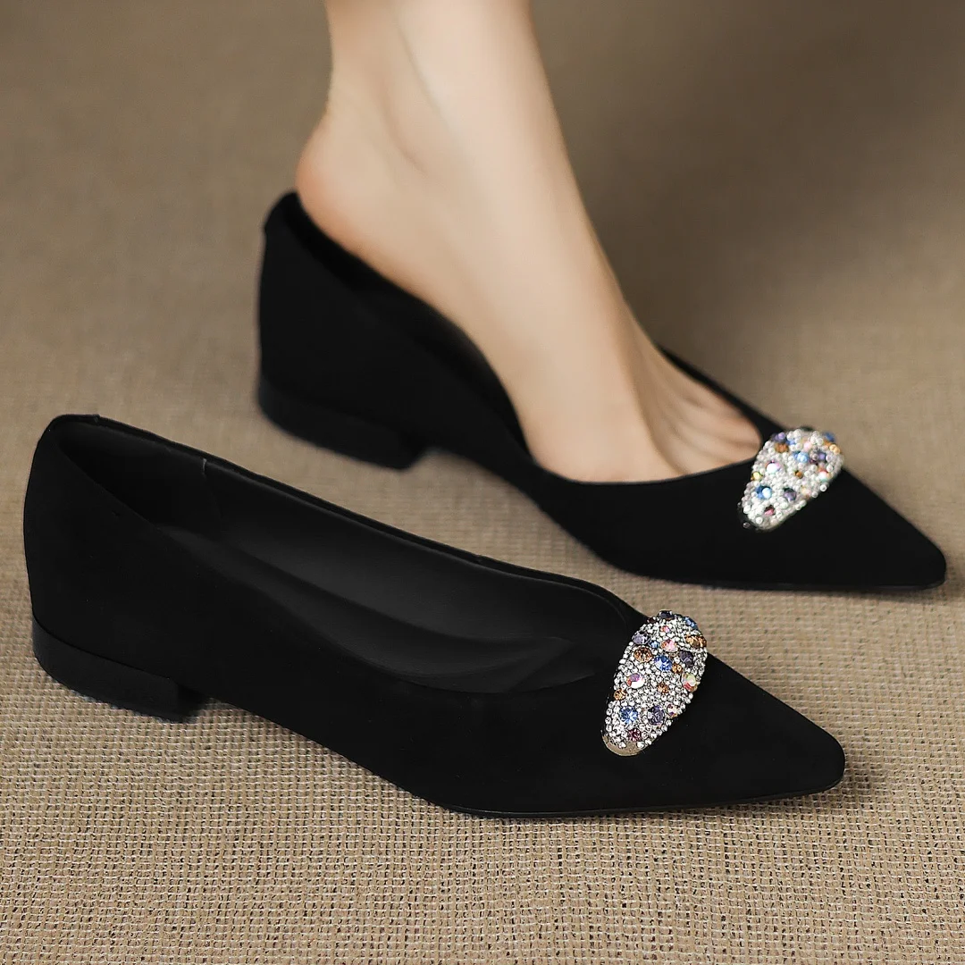 

danxuefei women's natural suede leather pointed toe slip-on flats crystal buckle decoration casual female daily shoes for woman