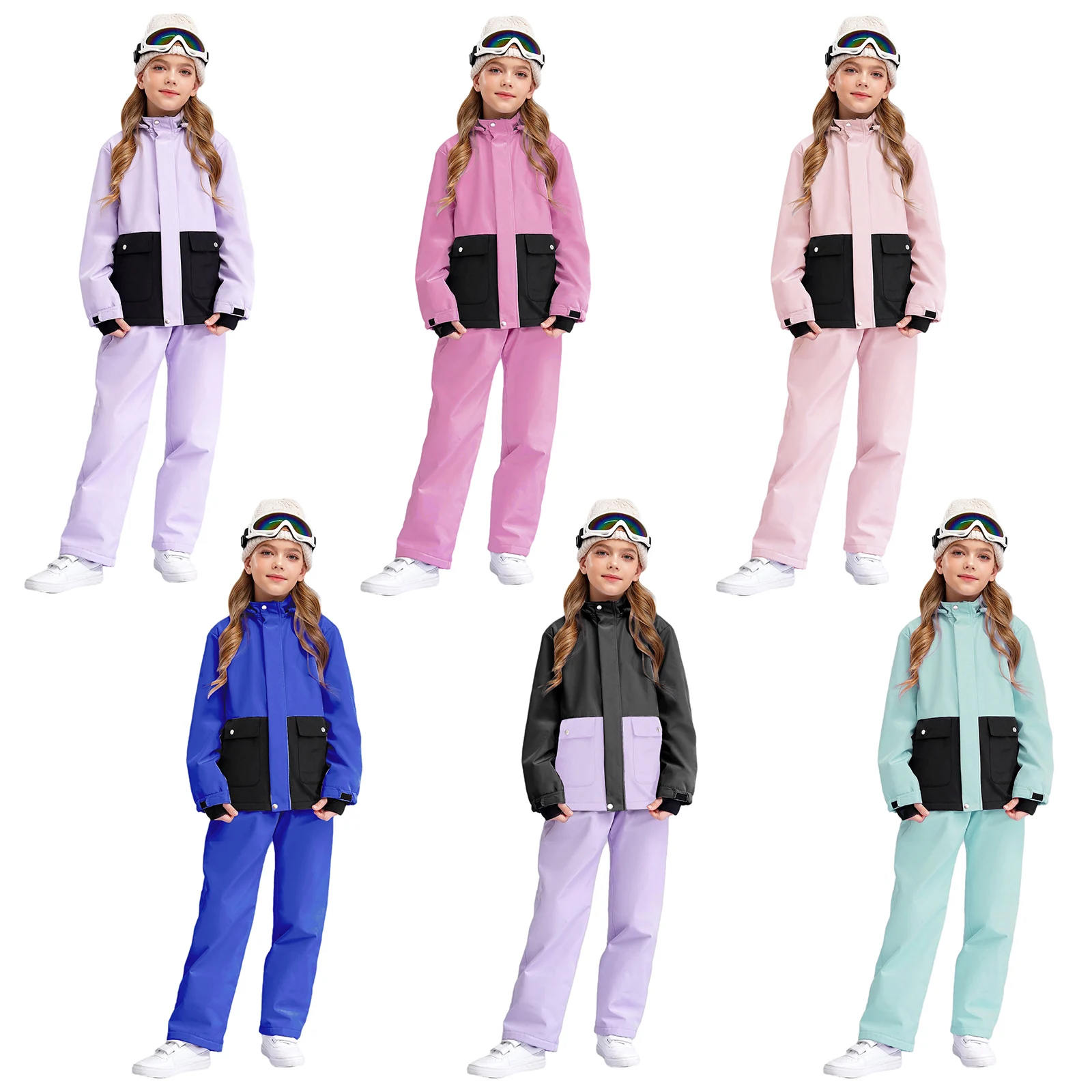 Kids Girls Ski Suit Long Sleeve Jacket Hooded Coat Outerwear with pants for Outdoor Snow Sports Skiing Snowboarding Ice Skating