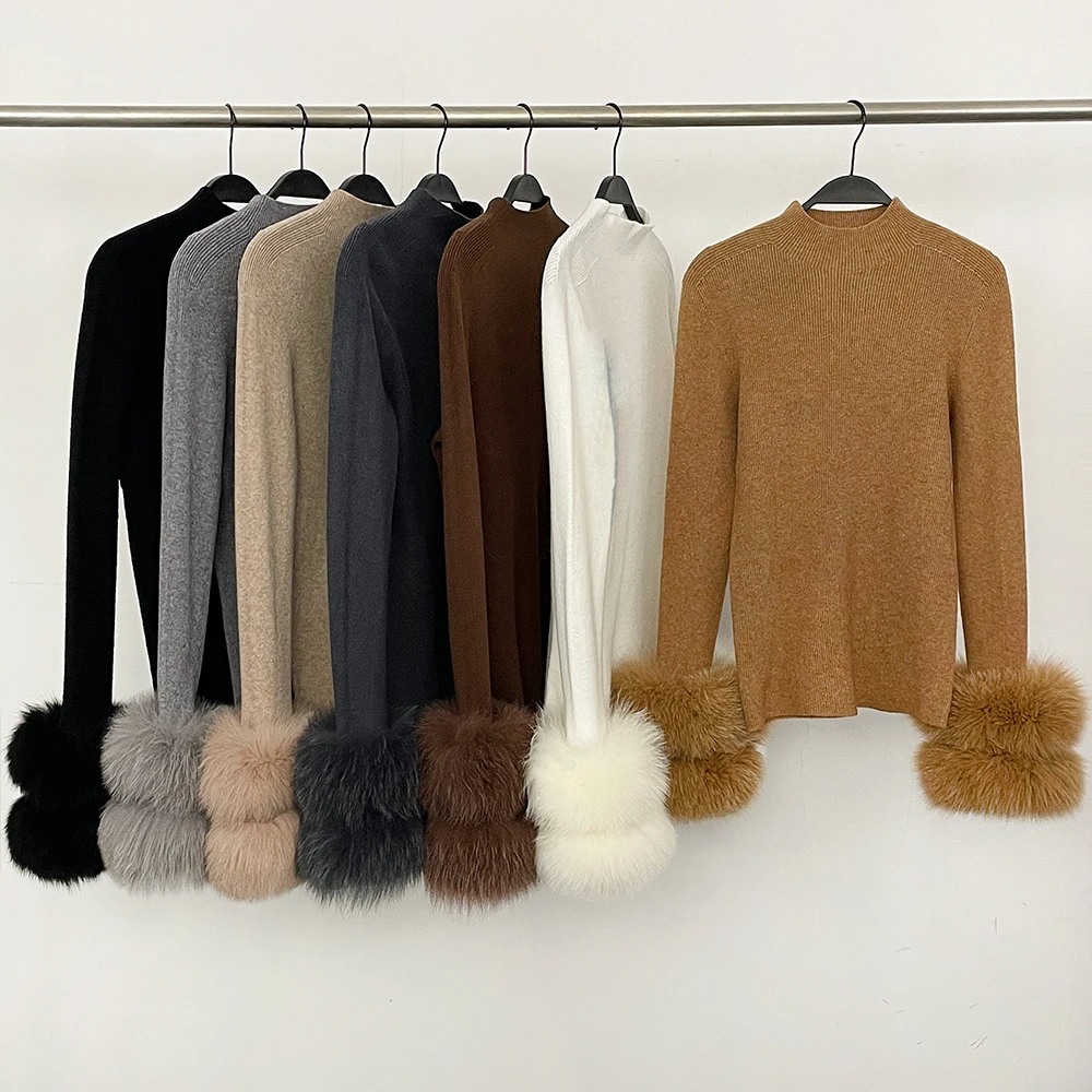 

Knitwear with Real Fox Fur Cardigan for Women Natural Fox Fur Cuffs Slim Women's Turtleneck Top Clothes Female Sweater Warm