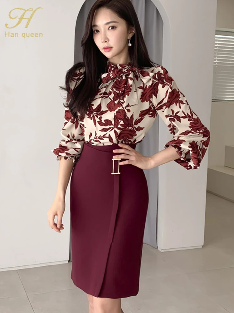 H Han Queen Hot Sale Women Spring Autumn Casual 2 Pieces Set Print Top + Simple Sheath Pencil Skirt Korean Profession Skirt Suit