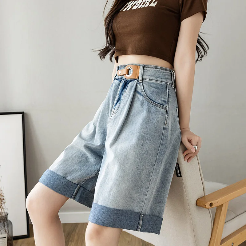 

Light Wa Denim orts Women's Summer New Loose Straight A-Line Mid-Pants High Waist Cuffed Five-Quarter Wide Leg Pants