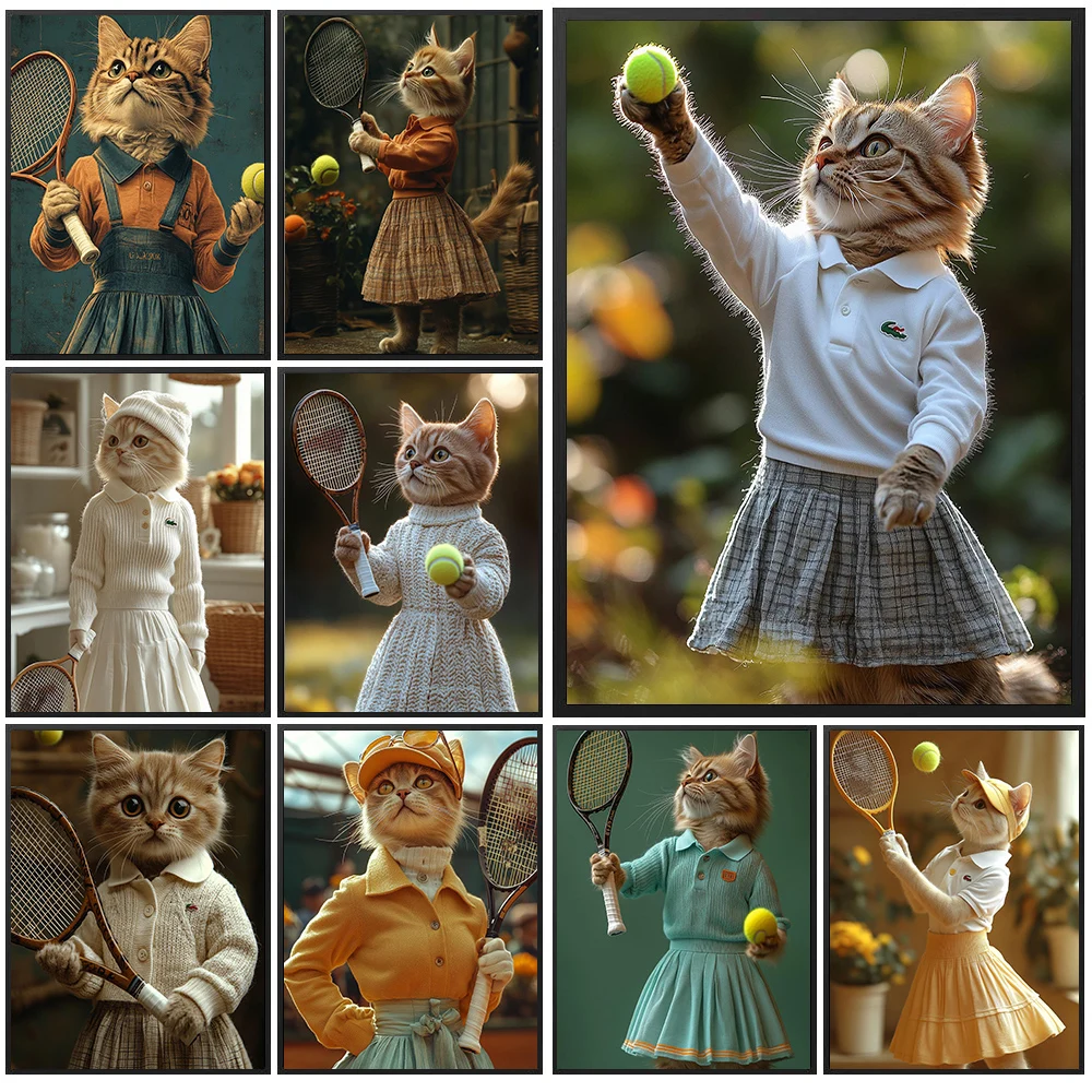 Sporty Tennis Cat Art Poster Prints,Preppy Cat In Plaid Skirt With Racket Wall Art,Unique Gift For Cat Lovers & Sports Fans
