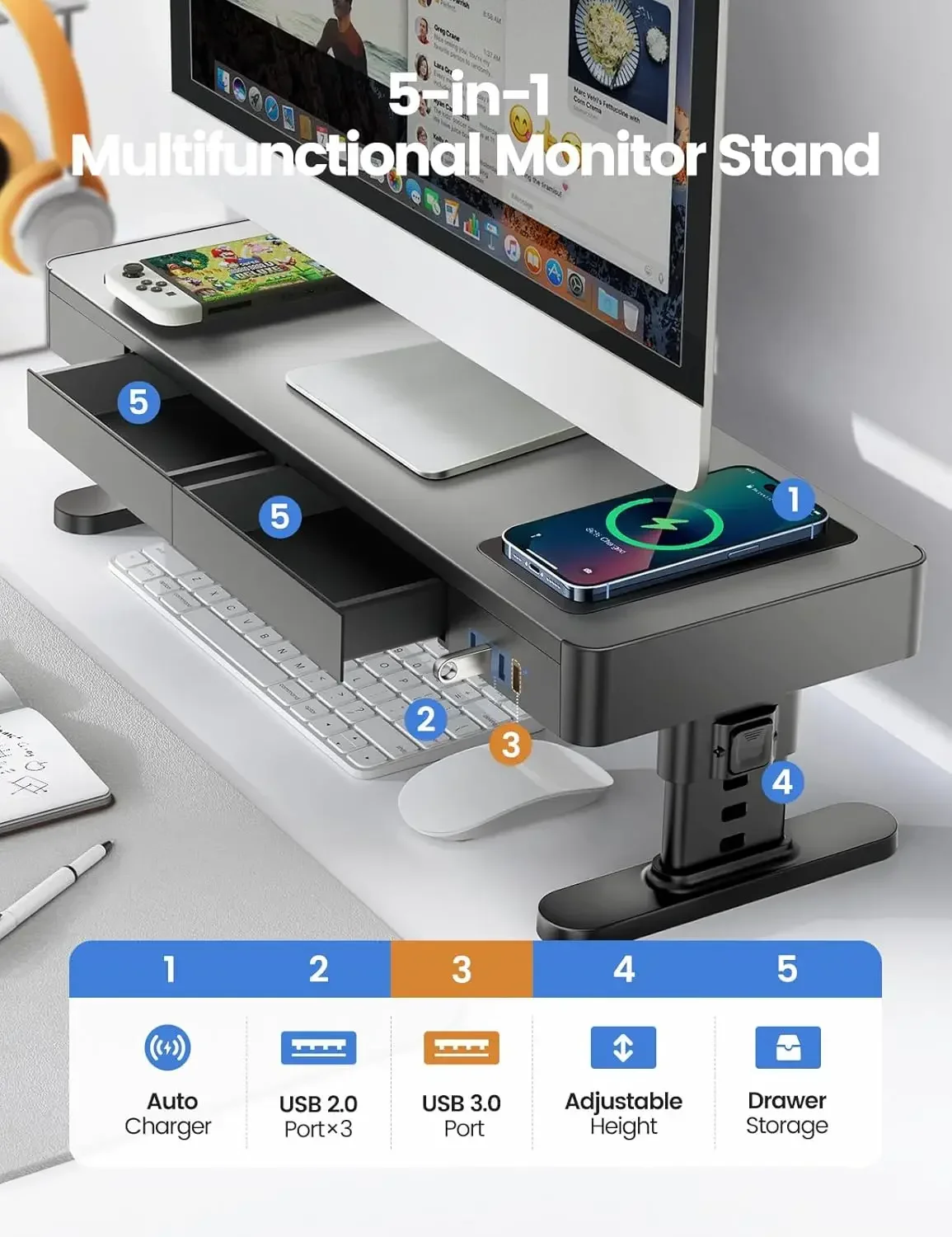 Monitor Stand Heights Adjustable, Computer Riser with Auto Phone Charger, 4 USB Ports Hub and Drawer Storage, Metal Desktop Orga
