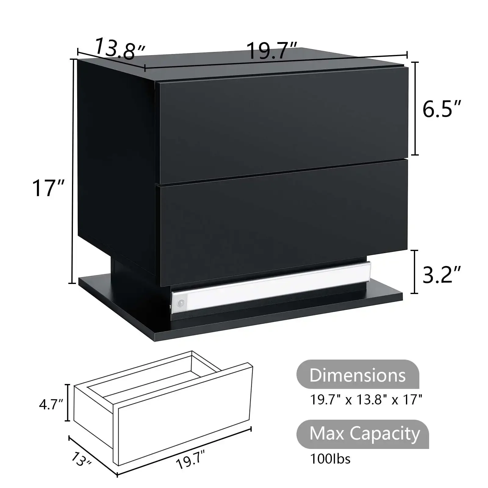 Auto Led Nightstand with High Gloss Drawer Led Bedside Table with Metal Frame Night Stand Table with Magnetic Infrared Sensing