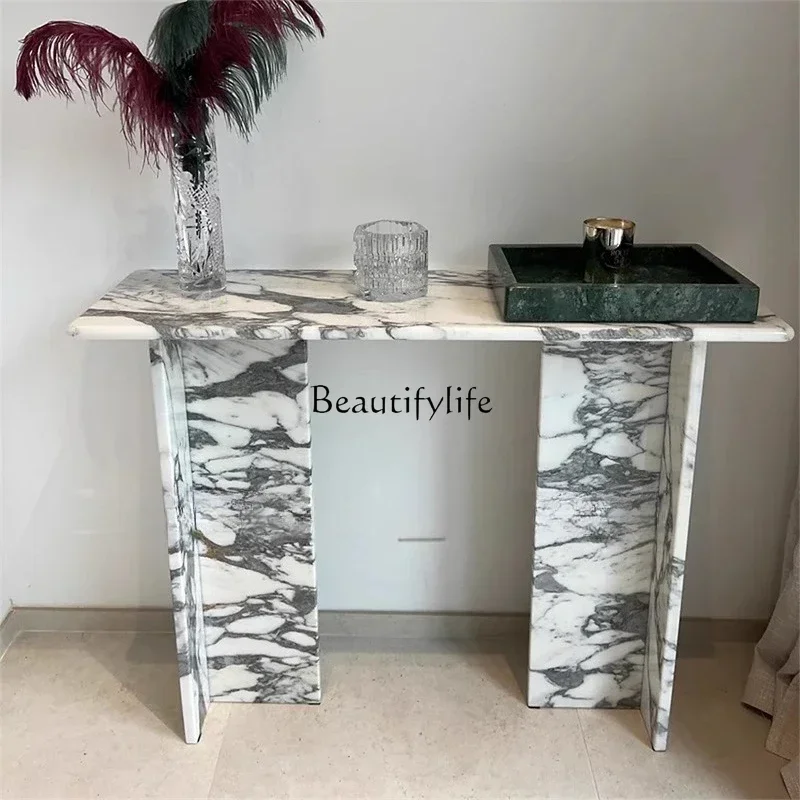 

11*Italian minimalist light luxury natural marble entrance table against the wall large white case