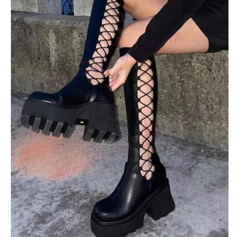 Black Hollow Out Chunky Heels Boots Round Toe Shoes for Women Matte Leather Knee High Sexy Lady Shoes 2024 Zapatos Para Mujere