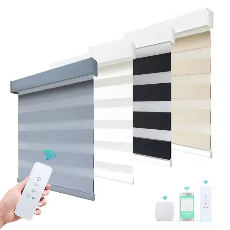 China Factory Wholesal 100% Blackout Day And Night Dual Shade WiFi APP Remote Control Smart Motorized Zebra Blinds For Window
