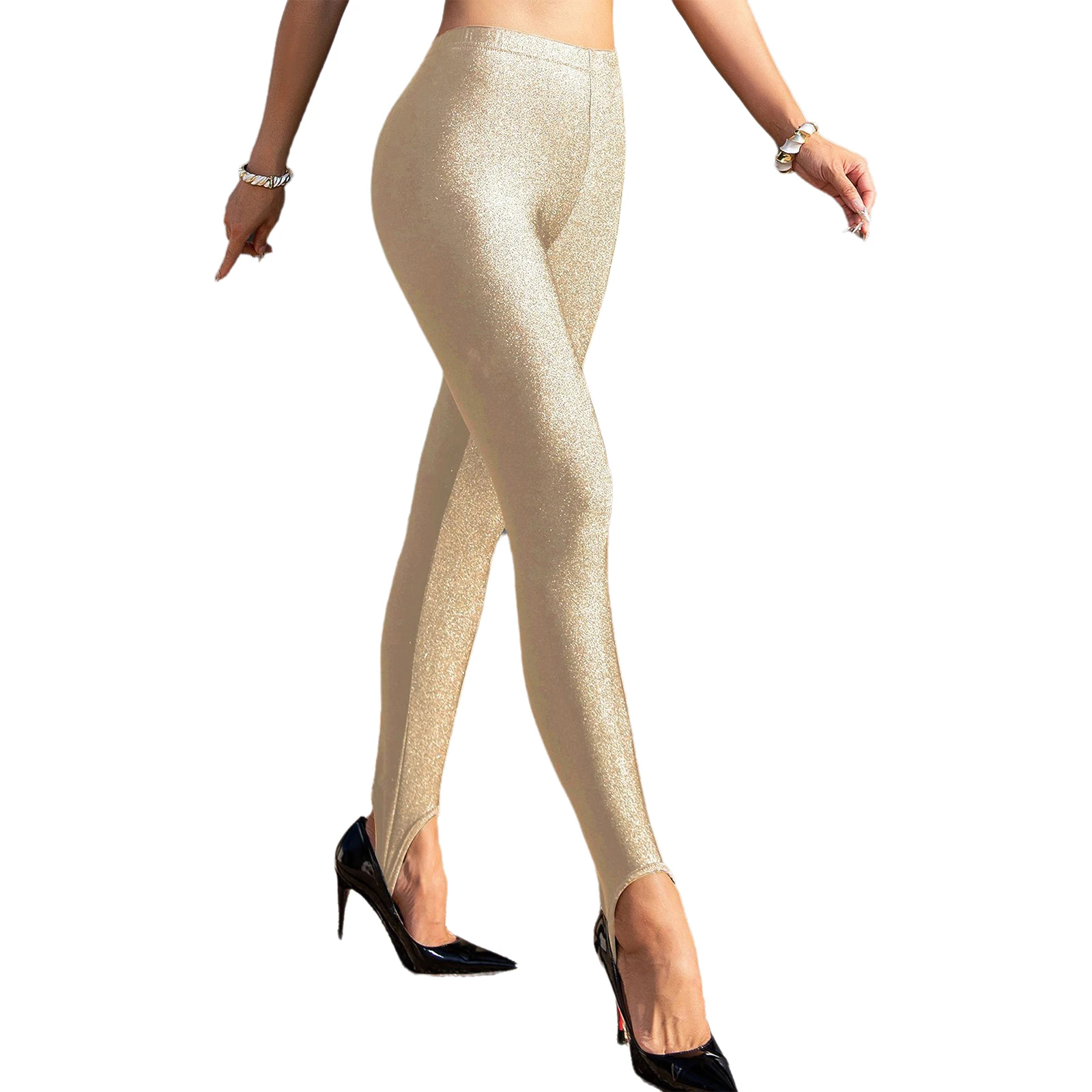 

Women Shimmering Stirrup Long Pants Leggings Elastic High Waist Skinny Tights Leggings Trousers Yoga Sportswear Dance Clubwear