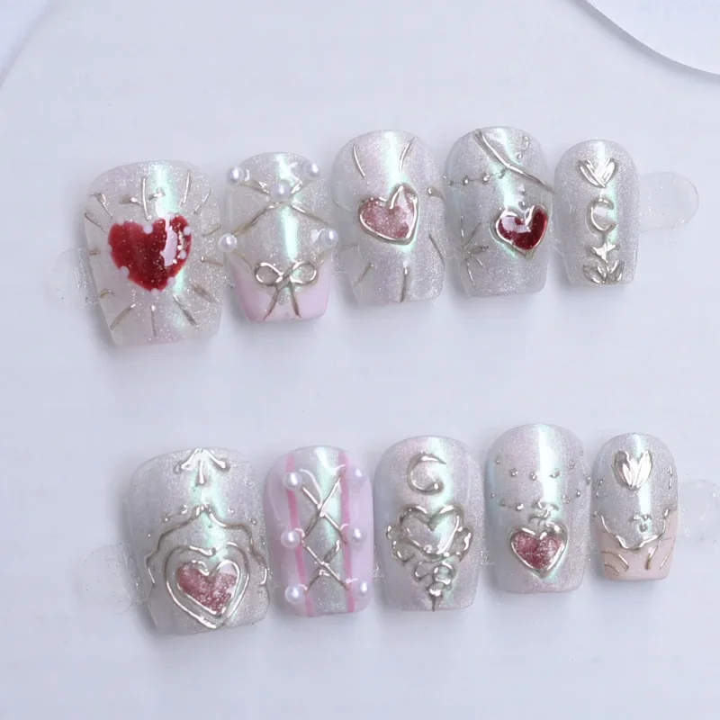 10 Pieces Baroque Style Press On Nails Handmade Sweet Cool Cat Eye Star Moon Sweetheart Fake Nail Patch Removable