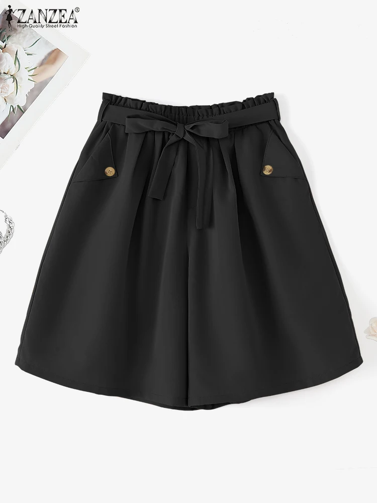 

ZANZEA Vintage Wide Leg Shorts Women Capris 2025 Summer Elastic Waist Solid Belt Casual High Waist Pocket Knee-Length Pants