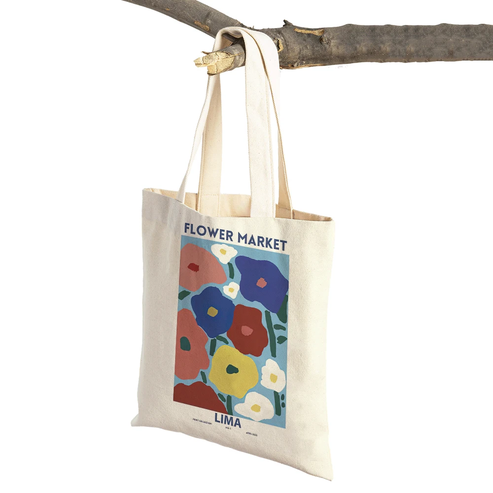 

Abstract Flower Market Leaf Illustration Women Shopping Bags Double Print Casual Canvas Handbag Vintage Art Shoulder Shopper Bag