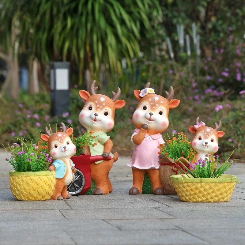 Garden Landscape Sculpture Cartoon Fawn Flower Pot Outdoor Courtyard Decoration Villa Kindergarten Bonsai Basin Ornaments