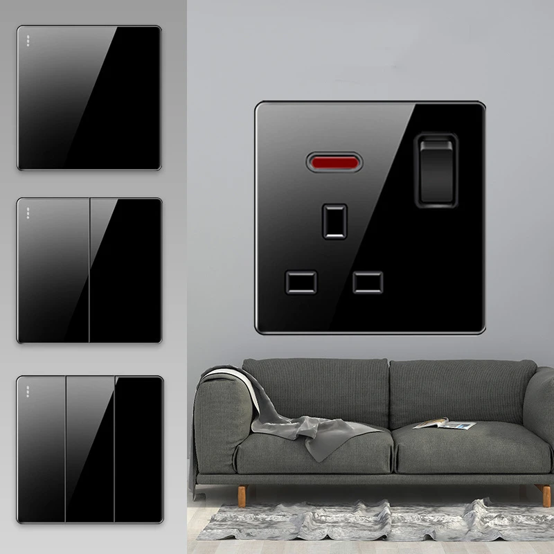 New British Standard UK Black 1/2/3/4Gang Wall Built-in PMMA2MM Acrylic Crystal Panel Switch USB Weak Current Socket Combination