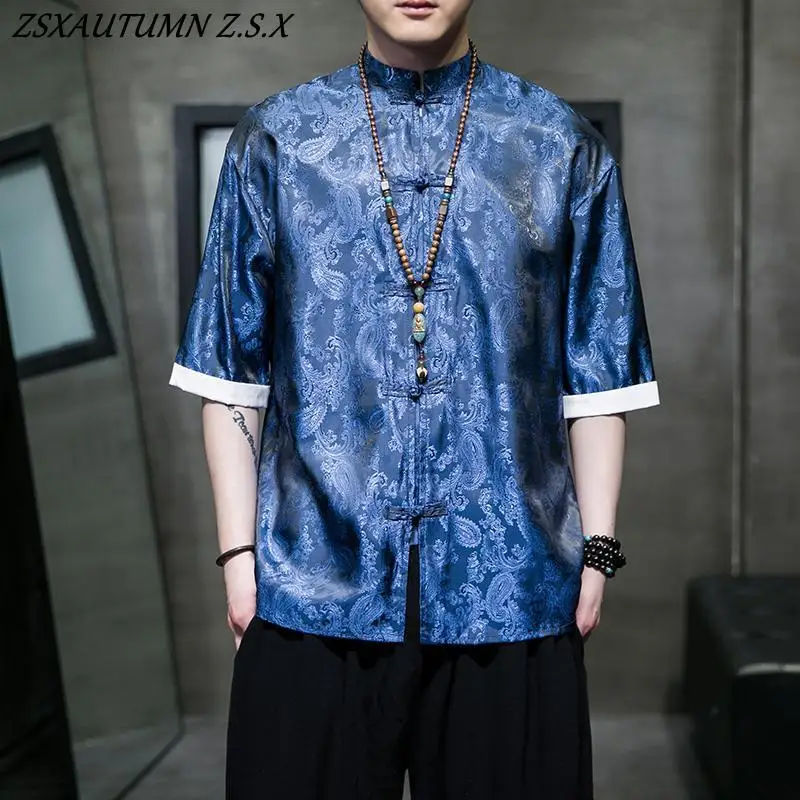 Summer Ice Silk Short-sleeved Shirt for Men Chinese Style Tang Suit Dragon Robe Youth Retro Men\'s Shirt Large Size Casual Tops