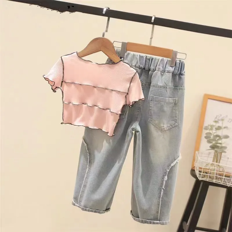 New Summer Girls Clothing Sets Spring Mid size Girls\' Fashion High Waist Tight Short Sleeve+Spliced Bow Jeans Children Clothes