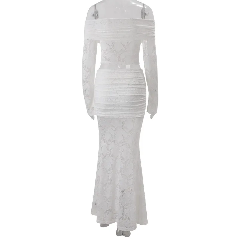 Women Elegant Sexy White Lace 2 Piece Set Lapel Slash Neck Off Shoulder Long Sleeve Crop Tops + Ruched Mermaid Maxi Skirts Suits
