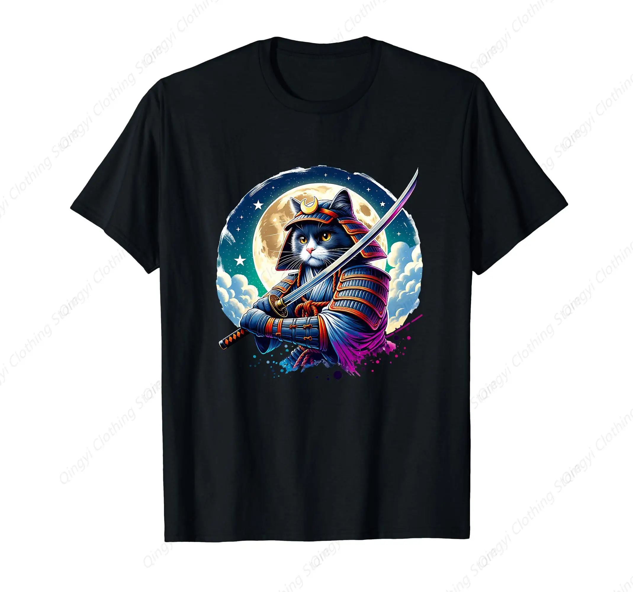 

Japanese Samurai Kitty Cat Kitten Ninja Katana Sword Graphic T-Shirt for Men Women