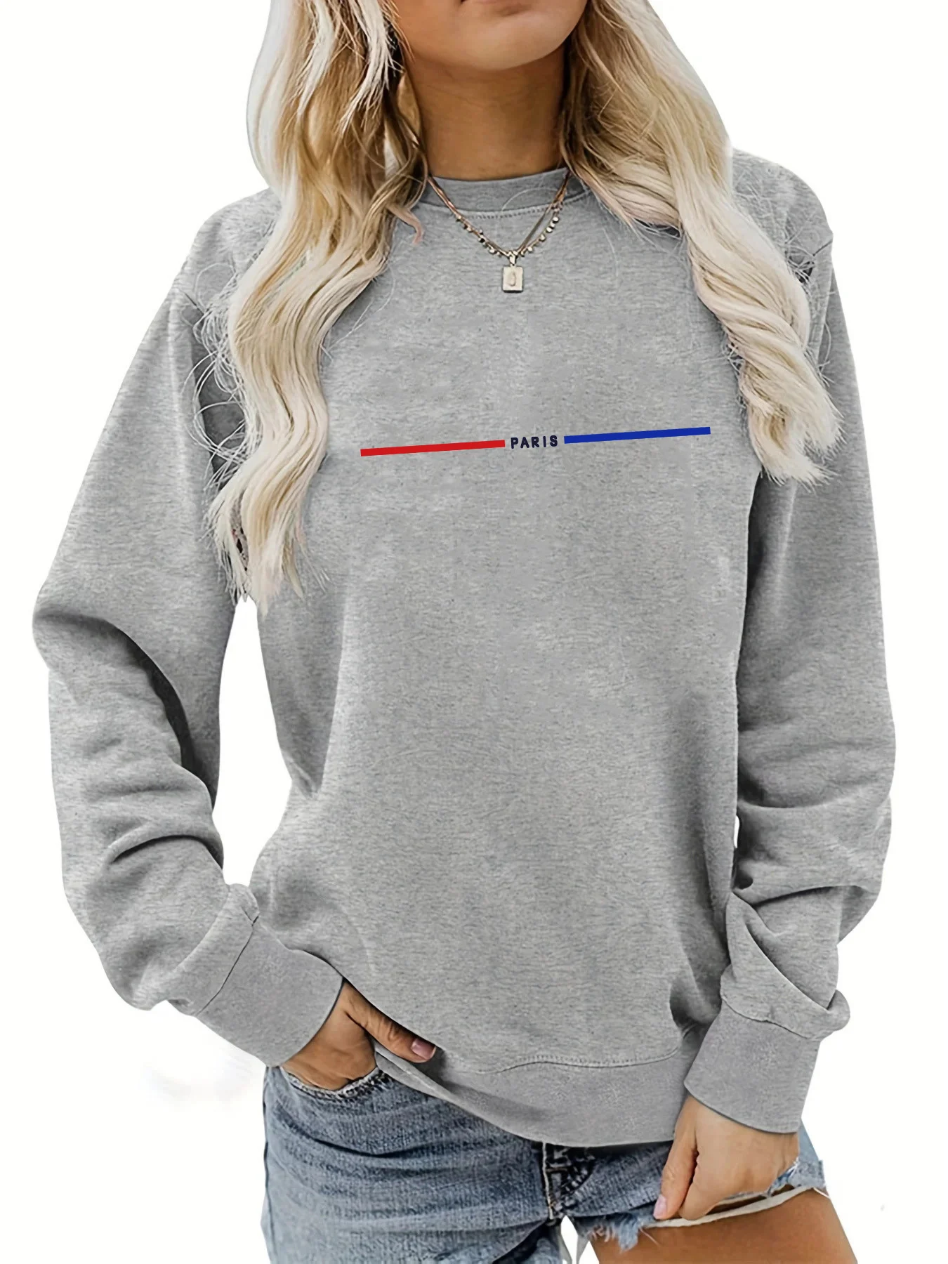 بلوفر نسائي كاجوال للخريف والشتاء فضفاض ومريح بنمط باريس مطبوع برقبة دائرية دافئة وأكمام طويلة