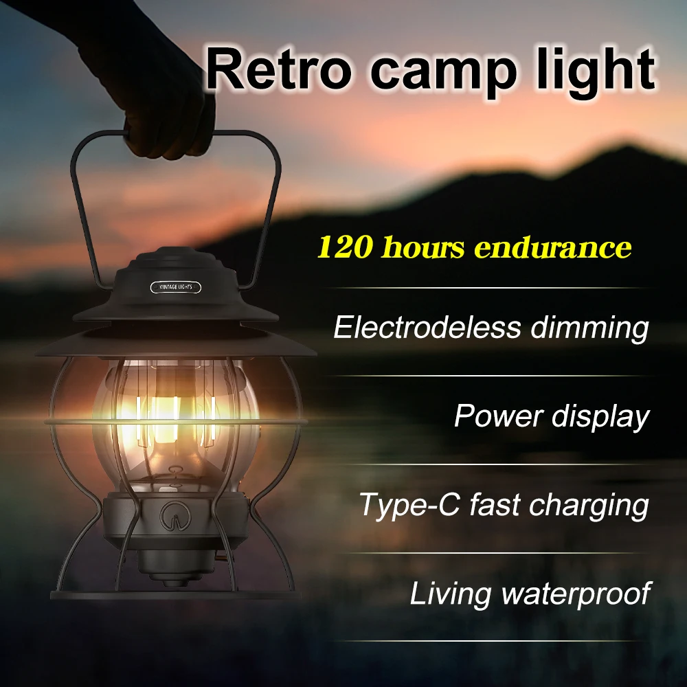 Vintage Retro Hiking Tent Type-c Rechargeable Outdoor Dimming Lamp Portable Led Stand 360 Camp Light