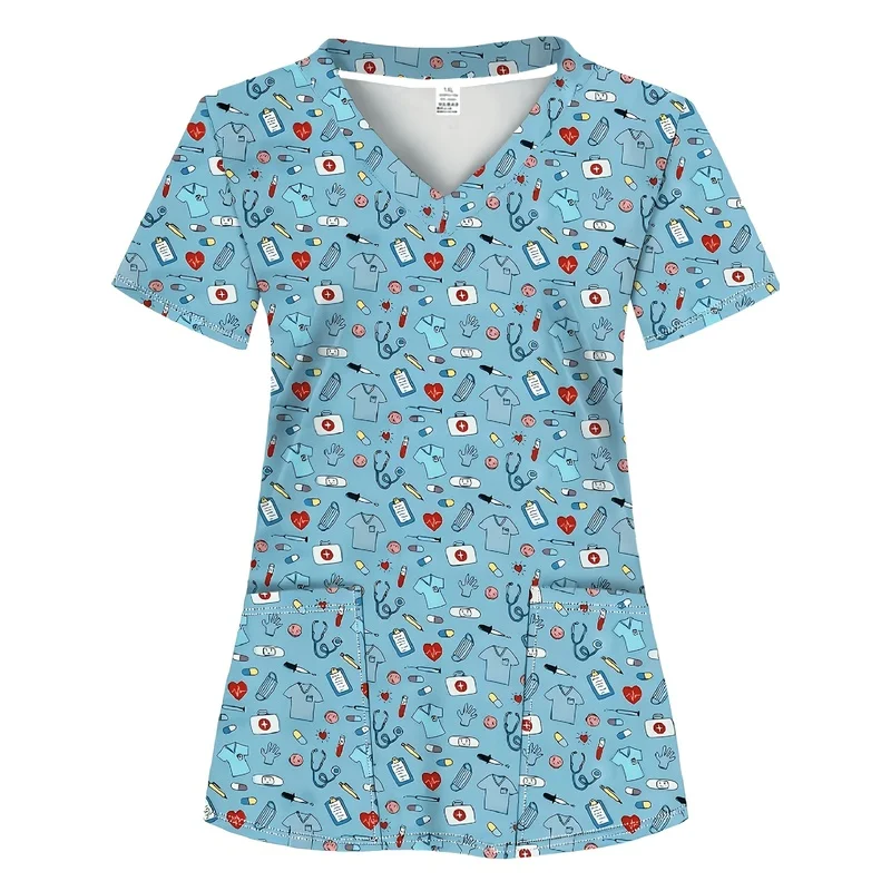 All-over print，Light blue gadget pattern，Female doctor scrubbing her blouse，Two pockets，Women's Medical Uniform Professional Blo