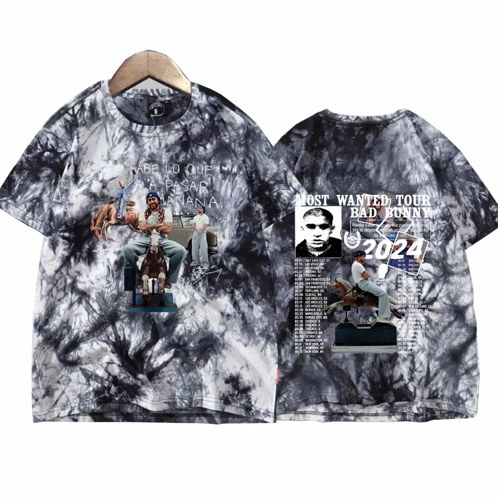 Bad Bunny Most Wanted Tour 2024  Tie Dye Shirts Unisex Round Neck Short Sleeve Tee  Fans Gift