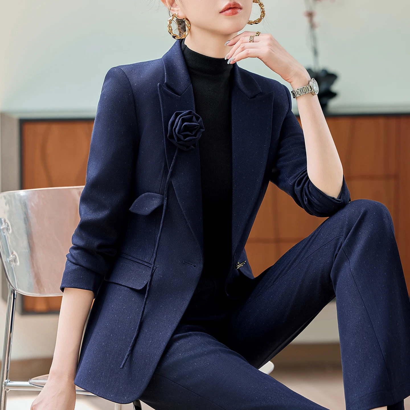 NAVIUE بدلة نسائية أنيقة مجموعة الخريف الشتاء موضة مزاجه الراقية مقابلة رسمية السترة والسراويل مكتب سيدة ملابس العمل