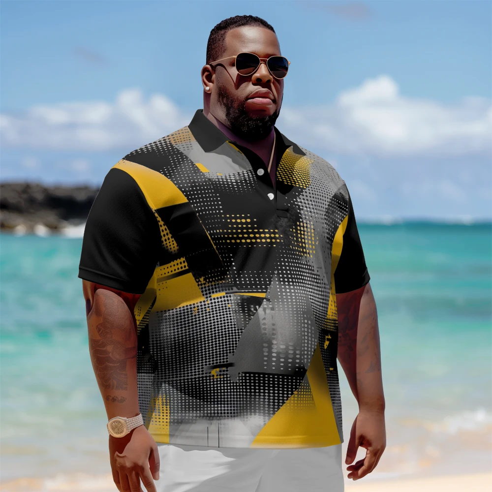 

1 men's plus size polo shirt with summer black and yellow printed casual collar button suitable for shopping and golf