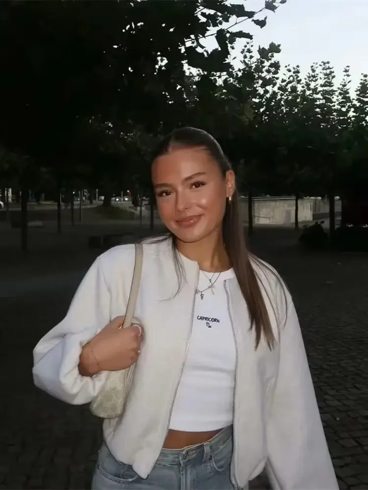 السيدات موضة الخريف الشتاء سترة المرأة الرجعية الجولة الرقبة طويلة الأكمام مطاطا هيم سستة لينة Bomber سترة المرأة معطف الإناث #2