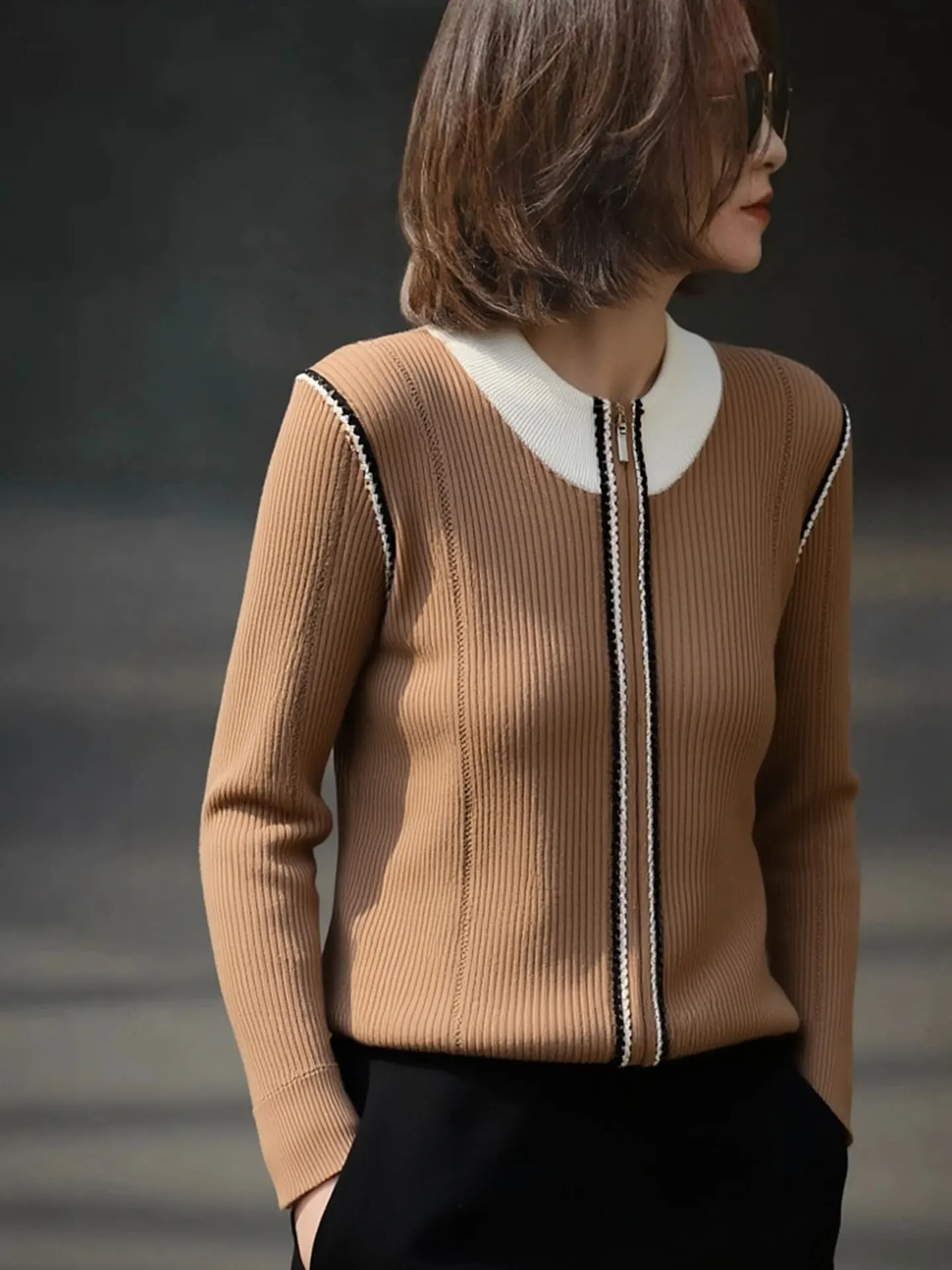 

Color Blo Long Sve Knitted Cardigan Zipper Design Trendy Winter Sweater for Women Commute Sle Stand Fit Big Size