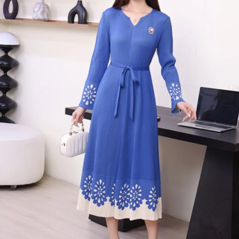 

Miyake плиссированное женское платье больших размеров 202, осеннее темпераментное плиссированное платье с талией, повседневные платья для мам, Европа, Америка