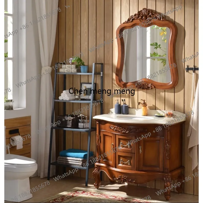 

European bathroom cabinet, red oak washbasin, solid wood marble, floor-to-ceiling washbasin cabinet