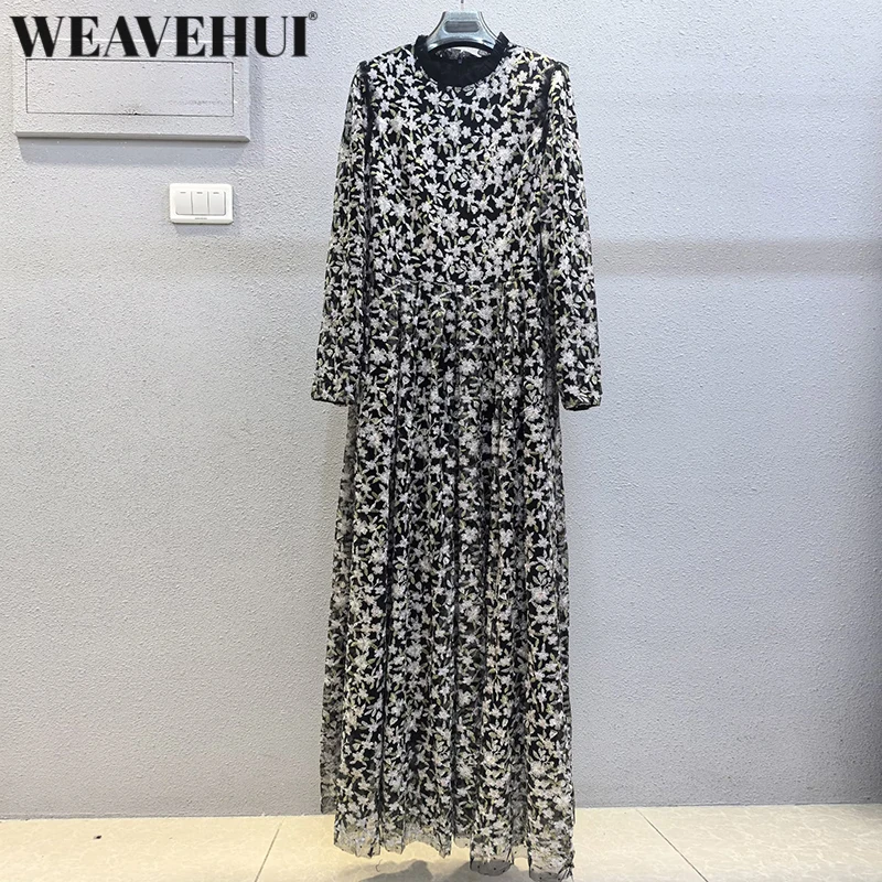 WEAVEHUI Position Flowers Embroidery Mesh Maxi Dress for Women O-Neck Long Sleeves Elegant Party Dresses Autumn Females