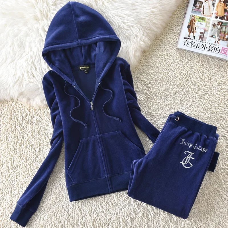 Juicy Grape Velvet Tracksuit Women 2 Piece Sets Outfit Ladies Jacket and Pocket Trousers Set New Matching In Set