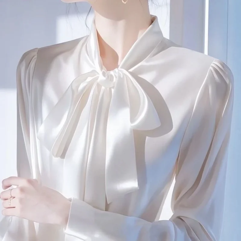 

Белая атласная рубашка с французским бантом, женская весенняя новинка 202, профессиональная рубашка с длинными рукавами