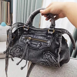 England Style Denim Cloth Bags For Womens Luxury Designer Handbag Purse 2024 New In Splicing Washing Process Top Handle Shoulder