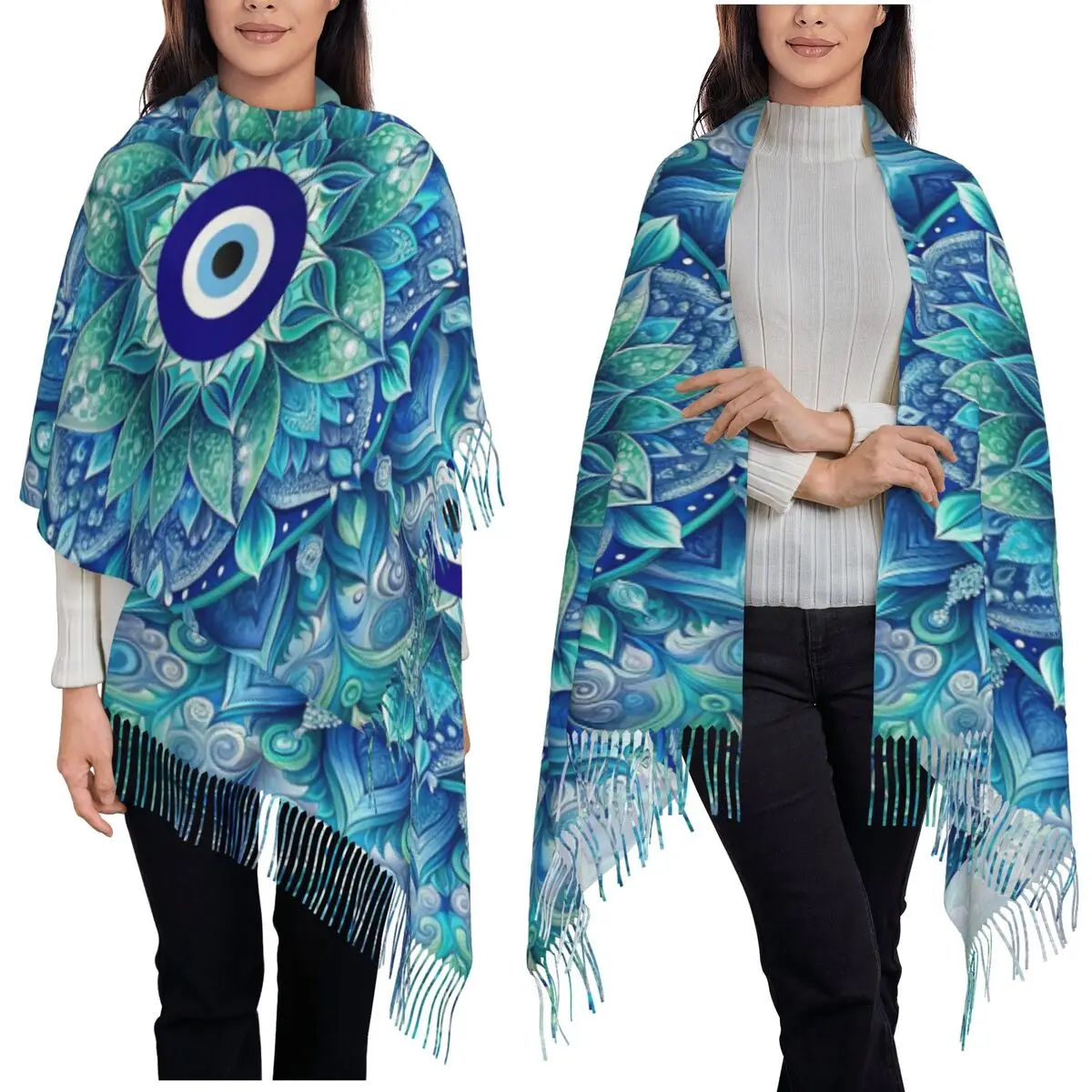 

Mediterranean Blue And Gold Evil Eye Hamsa Nazar Amulet Boho Scarf Tassel Scarves Women Shawls and Wraps Large Shawl Wrap