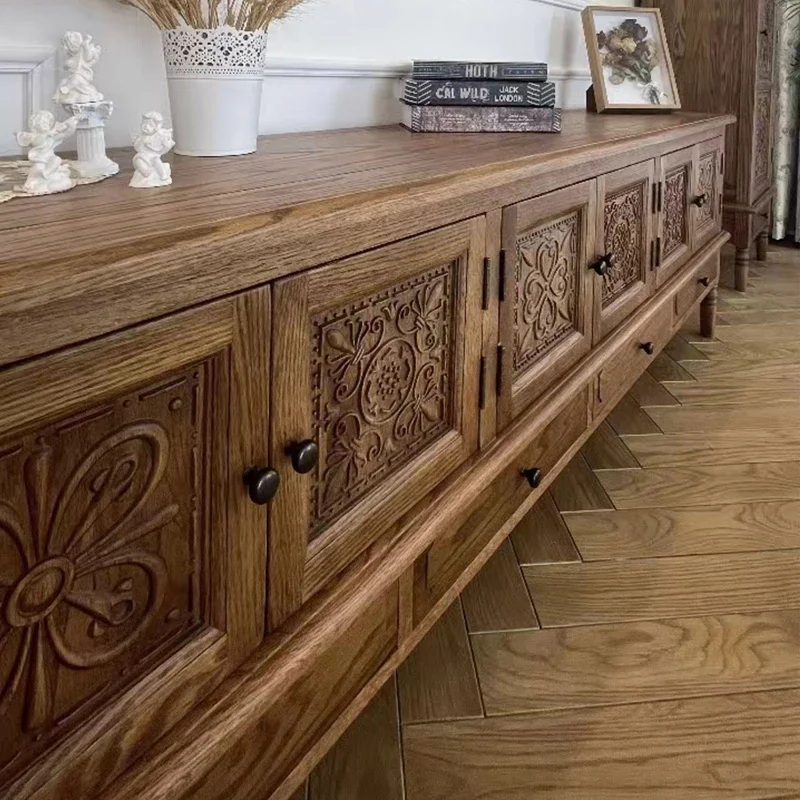 Rural solid wood carved TV cabinet combination, retro pastoral oak living room storage, homestay long floor