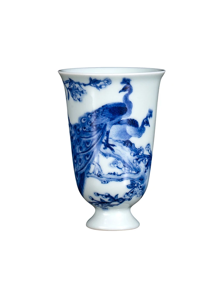 Zhongjiayao Personal Tea C Jingdezhen Chaiyao Blue White Auspicious And Ruyi Peacock High Foot Smelling Fragrance Master