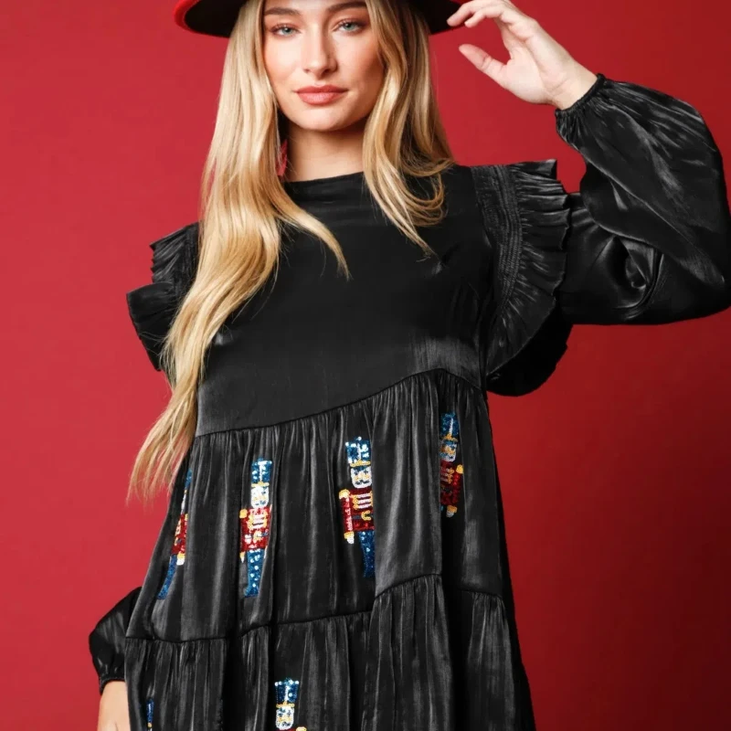 New Women's Splicing O-Neck Zipper Folds Middle Long Sleeve Glitter Soldier Embroidery Solid Loose Minimalist Casual Dresses