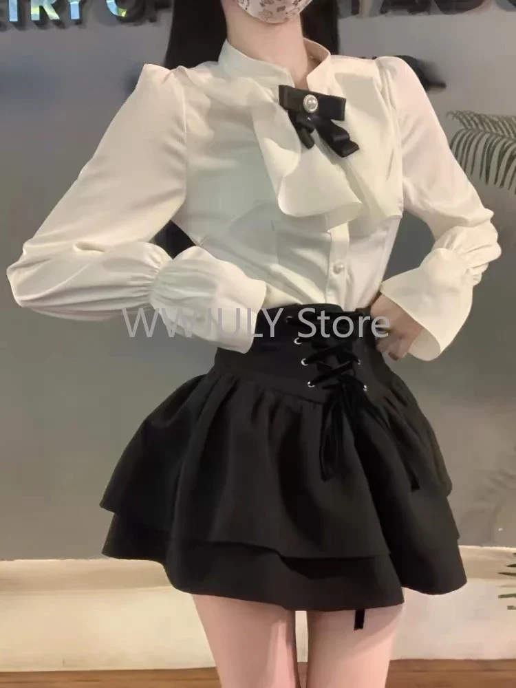 2024 New Preppy Style Skirt Suit Casual White Shirt Tops + High Waist Slim Y2k Mini Skirt Korean Fashion Suit Design Chic