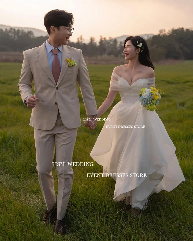 Gaun pernikahan A-Line Korea Tulle elegan LISM pemotretan dari bahu gaun pengantin Sweetheart Vestidos De Novia kustom