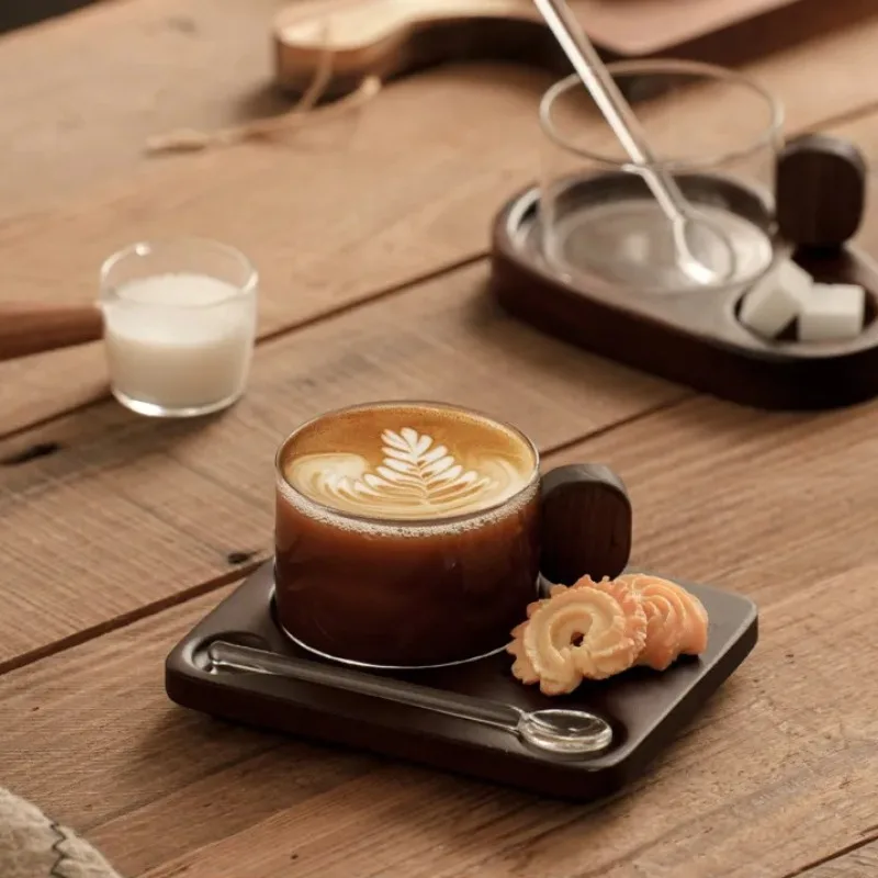 Vintage Glass Coffee Cup High Borosilicate Mug with Wooden Base Creative Tumbler for Espresso Cold Brew Latte Home Coffee Bar