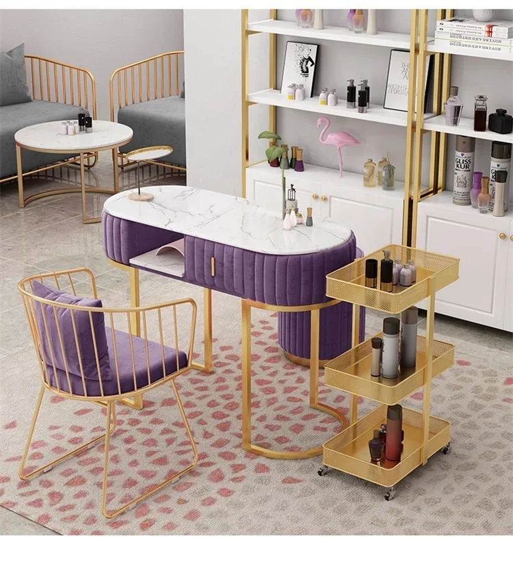 2023 JIYOU Nail table and chair set combination simple modern marble double beauty shop table double nail table